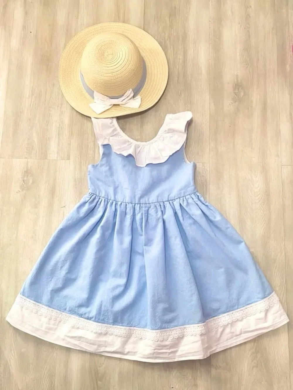Light Blue & White Ruffle Collar Girls' Dress
